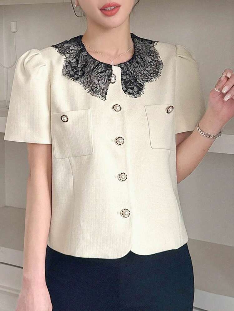 Women's Elegant Color Block Lace Patchwork Puff Sleeve Cropped Jacket