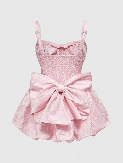 Kawaii Sweet Pink Jacquard Fabric Oversized Bow Decor Women Short Casual Dress For Tea Party Outfit