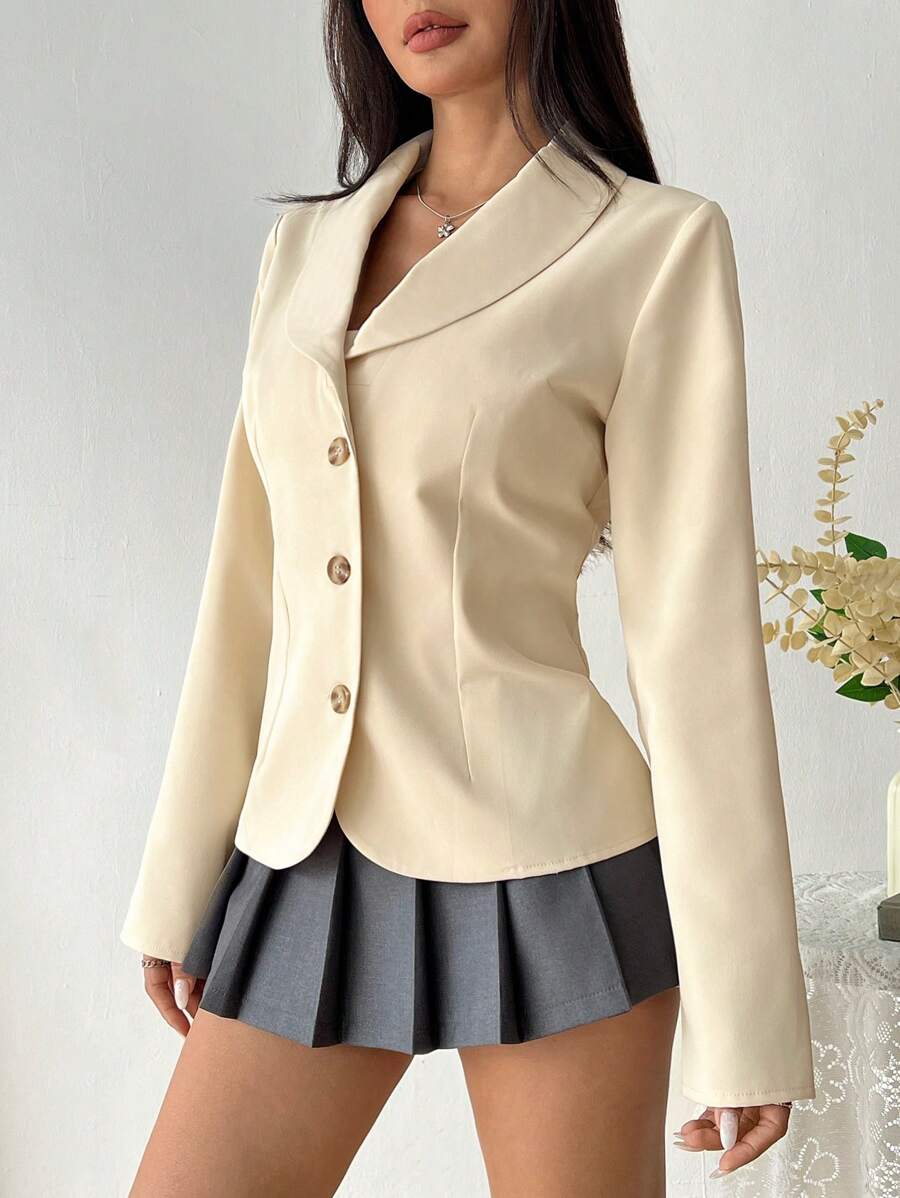 SHEIN Unity 时尚美人鱼风格收腰修身低领长袖女式办公室西装外套 - 卡其色 - 查看 1