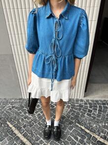 Forever 21 Women Blue Casual Cute Puffy Sleeves Loose Lace-Up Denim Top - Blue - View 6