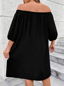 SHEIN Clasi Plus Size Women Bow Decor Off Shoulder Lantern Sleeve Straight Dress - Black - View 2