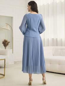 Modelyn 2pcs Women's Lantern Sleeve Double-Breasted Top And Pleated Skirt Set