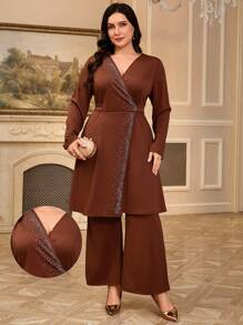 Mulvari 2pcs/Set Plus Size Elegant Party Rhinestone Decor Long Sleeve Top And Pants Set - Brown - View 1