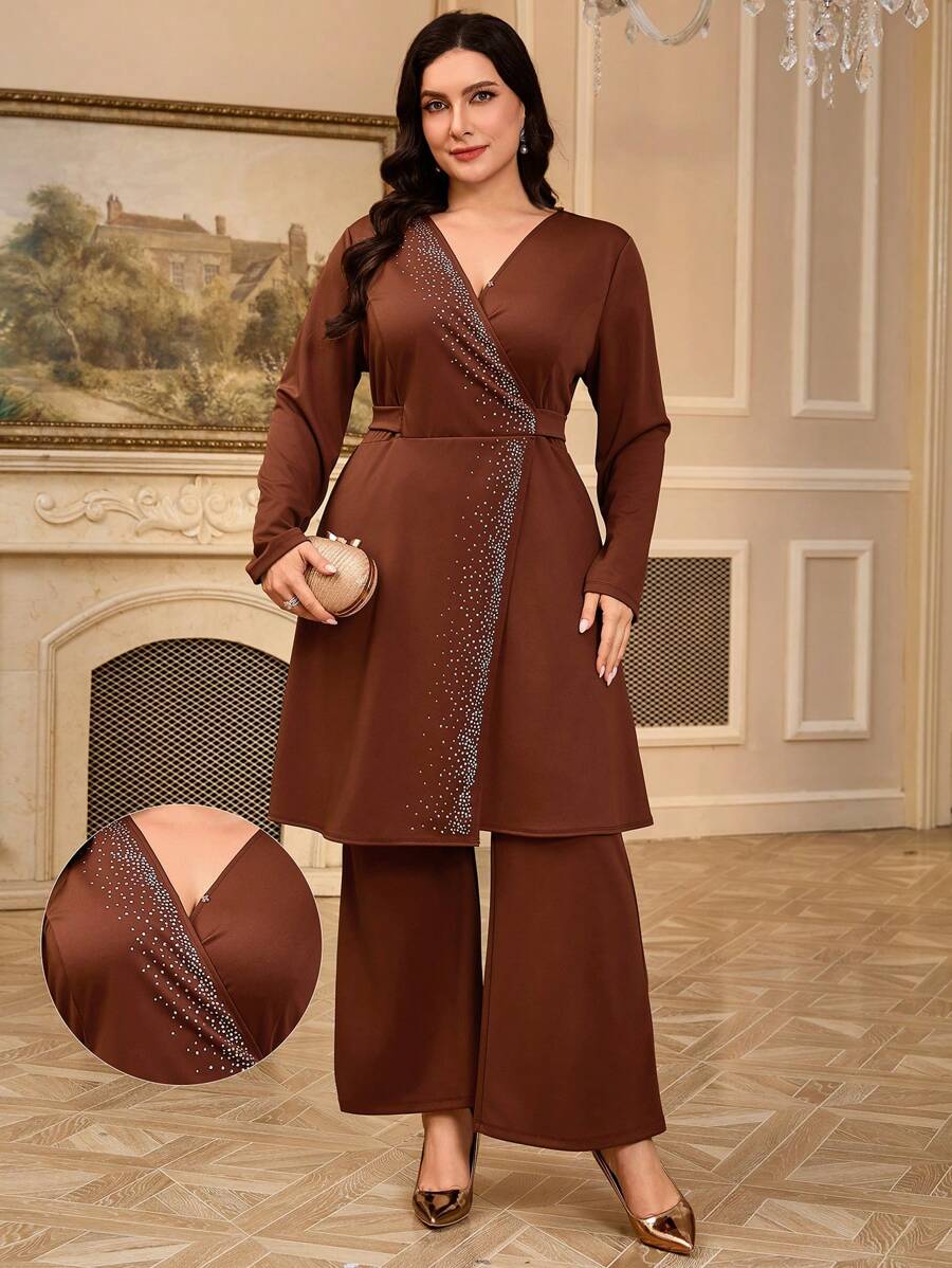 Mulvari 2pcs/Set Plus Size Elegant Party Rhinestone Decor Long Sleeve Top And Pants Set - Brown - View 1