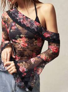 Bohemela BOHO Asymmetric Neck Long Sleeve Fitted Cropped Women Blouse - Black - View 1