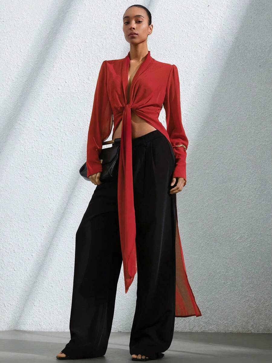 Aveloria Modichic Elegant Luxury Design Retro Rust Red Lady Shirt V-Neck Ruffle Hem Long Fishtail Waist Ruched Chiffon Semi-Sheer Blouse - Red - View 1