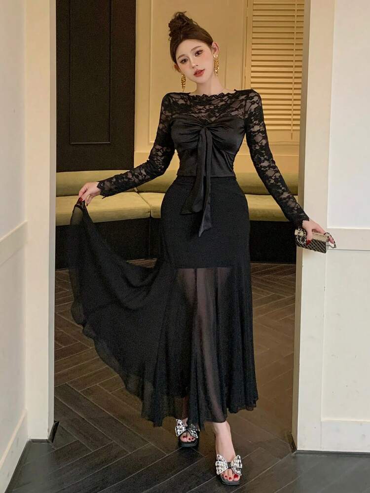 Sexy Fitted Banquet & Wedding Party Sheer Lace & Mesh Patchwork A-Line Drawstring Twist Two Pieces Set For Women,Fall Women Clothes