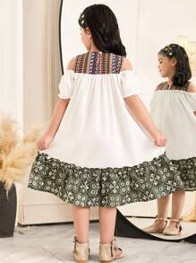 SHEIN Young Girl's Woven Patchwork Color Block Puff Sleeve Cutout Shoulder Dress - White - View 2