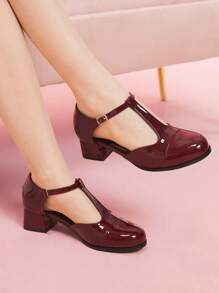 CUCCOO DOLLMOD Women's Solid Color Adjustable Simple Casual Round Toe Thick Heeled Hollow Out Flats Spring Shoes