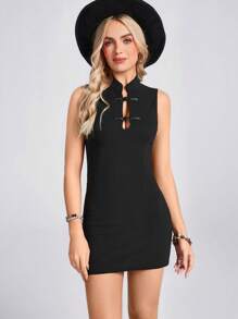 Wildy Stand Collar Button Front Waist Fit And Flare Cheongsam Style Dress