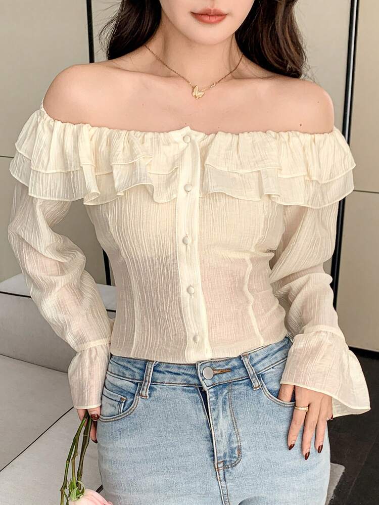 Ruffle Spring And Summer Vacation Solid Color Fit Long Sleeve Off Shoulder Collar Ruffled Ladies Shirt