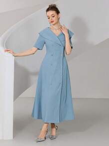 Modelyn Women's Solid Color Double-Breasted Short Sleeve Elegant Long Dress - Blue - View 7