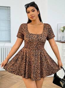 Solflare Plus Size Women Leopard Print Short Sleeve A-Line Hemline High Elastic Knitted Jumpsuit Dress, Suitable For Autumn/Winter, Campus, Outdoor, Indoor Yoga, Daily Casual Wear - Multicolor - View 7
