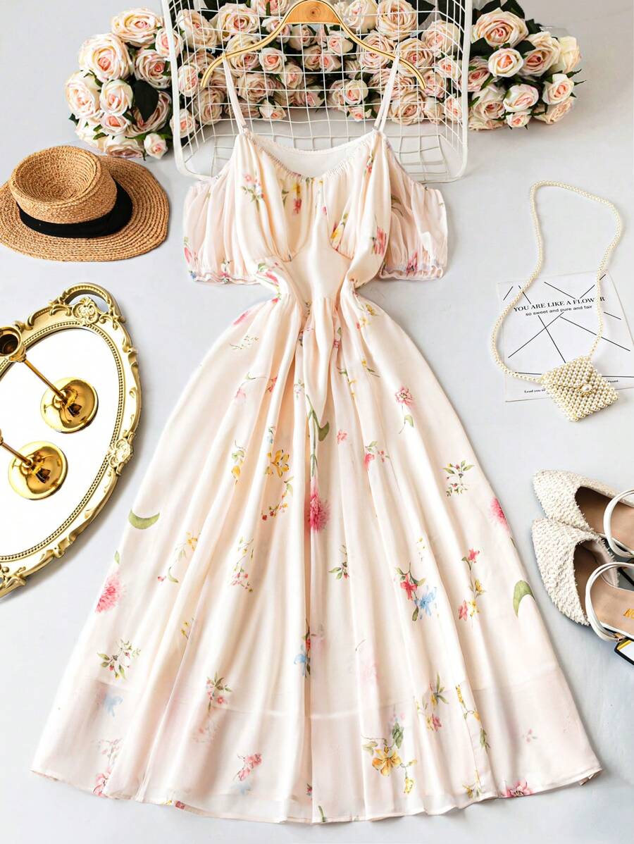 SHEIN LUNE Plus Size Women Summer Spring Elegant Floral Print Fashion Resort Casual Strapless Dress, Tea Party Outfit, Easter Dress - Multicolor - View 1