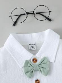 Souflis Souflis 男婴休闲纯色短袖衬衫配领结和拼色背带短裤套装，适合夏季 - 彩色 - 查看 4