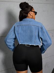 SHEIN SXY 大码女式蓝色牛仔布原始下摆破洞短夹克