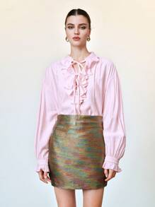 SHEIN LUNE 女式闪亮亮片裙性感可爱迷你裙，女式夏季，纹理面料，派对裙 - 金色 - 查看 3