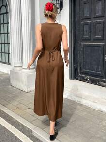 Pariaura Vestido elegante francés de un solo botonadura, unicolor, sin mangas, con cinturón para mujeres