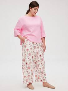 LUVLETTE Conjunto de ropa de dormir para mujer con top de cuello de barco de algodón suave color rosa y pantalones estampados con flores, pantalones con bolsillos. Ropa de salir como ropa interior y conjuntos de salón.
