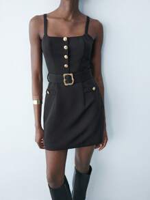 Maija Women's Metal Button Design Fashion Strap Mini Dress,Festival - Black - View 7