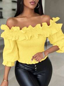 Chiquease Women's Summer Cream Ruffle Decor Open Shoulder Short Blouse, Suitable For Music Festivals, Graduation - Yellow - View 5
