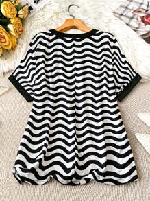 SHEIN LUNE Blusa de manga corta de hombros caídos y cuello de corazón a rayas, cómoda y casual, adecuada para el uso diario