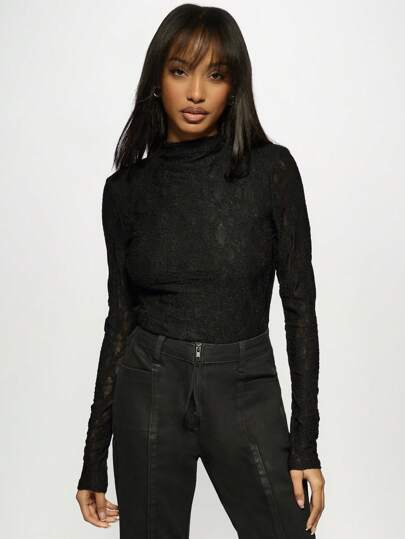 MISSGUIDED Elegant Lace Long Sleeve Bodysuit High Neck Evening Party Date Night Form-Fitting Dance Ballet Leotard With Mesh Details