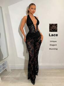 SHEIN BAE جمبسوت رومبر قطعة واحدة نسائية مزخرفة بالدانتيل، جمبسوت شفافة لحفلات الموسيقى والمهرجانات الصيفية - الأسود - مشاهدة 7