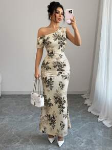 Elenzga New Women's Floral Print Asymmetric Shoulder Ruched Design Fishtail Hem Elegant Sophisticated Party & Date Dress, Flattering & Slimming - Multicolor - View 7