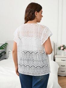 SHEIN Frenchy Plus Size Lace Trim Cap Sleeve Blouse, Casual & Fashionable For Everyday Wear - Apricot - View 2
