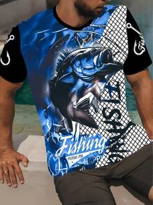Men's Letter & Fish Graphic Round Neck Short Sleeve Casual T-Shirt