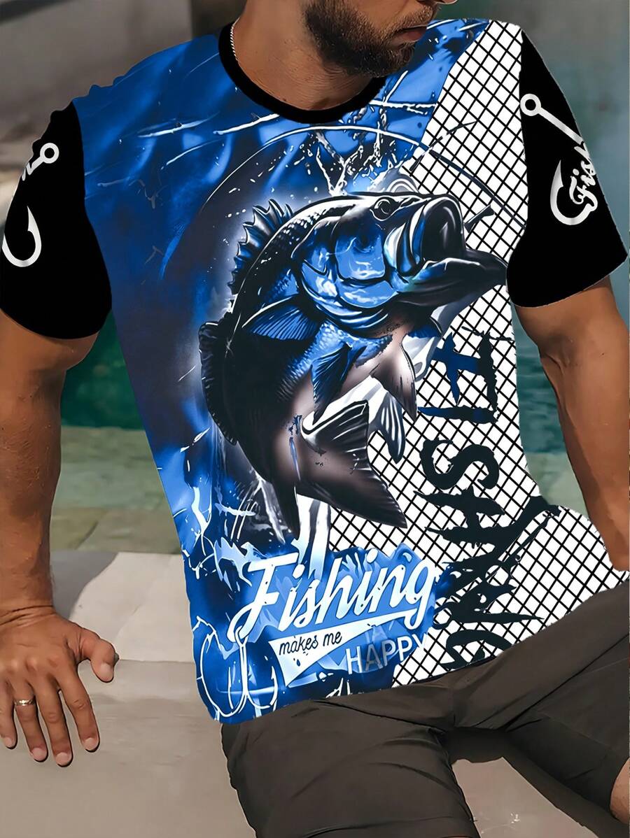 Men's Letter & Fish Graphic Round Neck Short Sleeve Casual T-Shirt