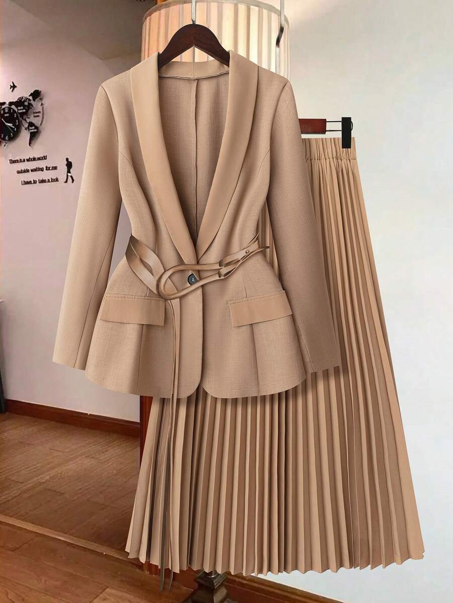 DreamSkyne 大码女式纯色长袖西装外套和褶皱中长裙两件套