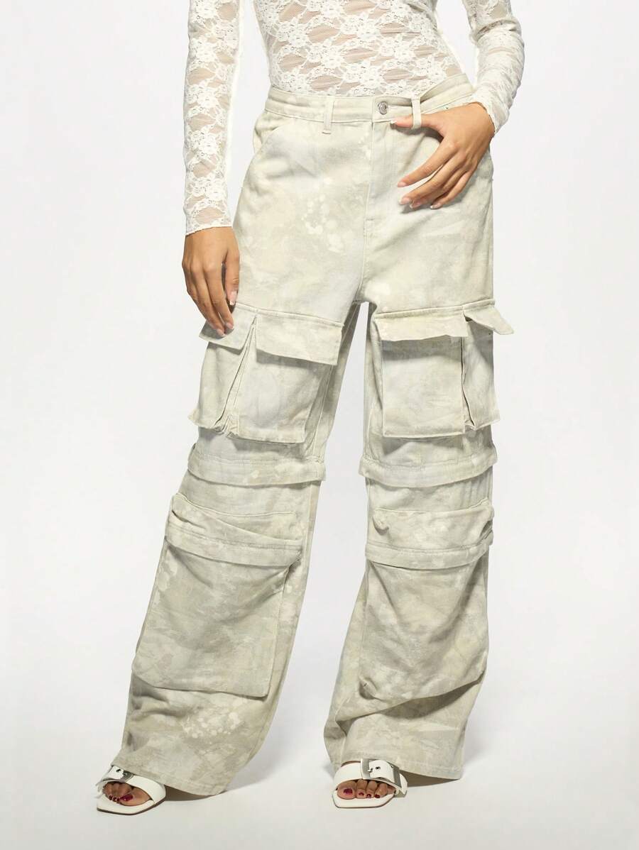 MISSGUIDED Pantaloni cargo supradimensionați cu picior larg, estetici Y2K, stil militar, largi, cu talie înaltă, stil streetwear, stil festival, la modă, cu buzunare multiple - Multicolor - Vizualizare 1