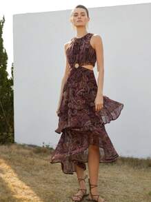 Aveloria Modichic Elegant Boho Ruffled Round Hollow Tiered Maxi Dress, Paisley Chiffon Dress, Spring/Summer Vacation Dark Purple - Multicolor - View 1