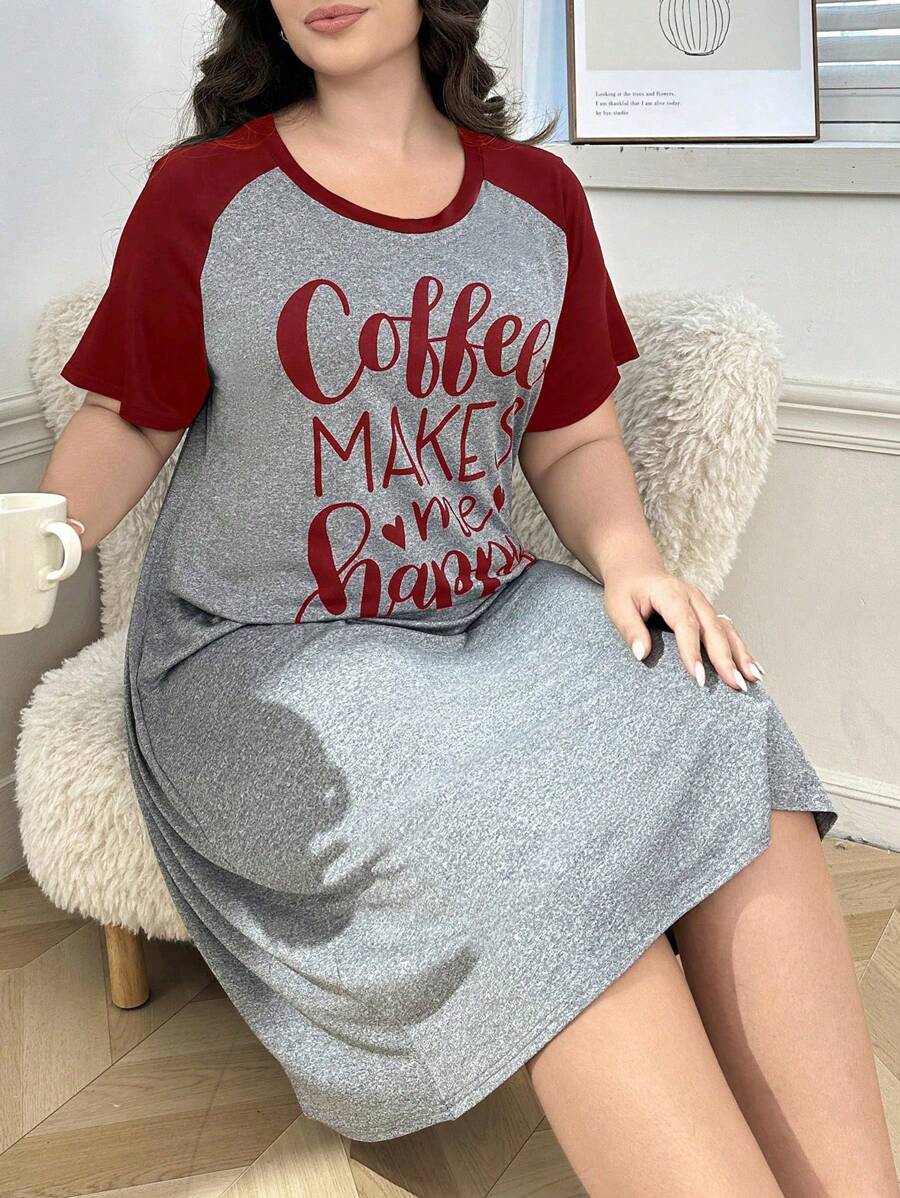 SHEIN Plus Size Casual Inglês Carta Impressão Contraste Cor Manga Raglan Camisola Curta - Cinza claro - Ver 1