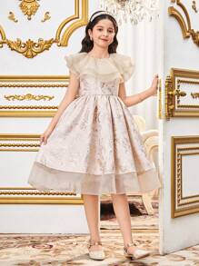 SHEIN Tween Girl 优雅欧根纱拼布荷叶边领提花无袖连衣裙 - 金色 - 查看 9