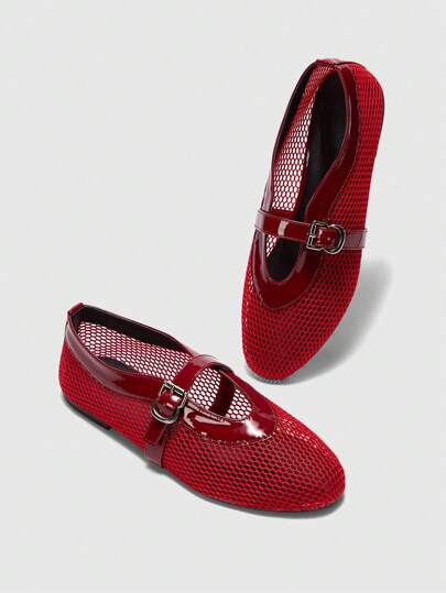 CUCCOO DOLLMOD Round Toe Mesh Motorcycle Inspired Mary Jane Flat Women Shoes, Punk Ballerina Style Neutral Casual Outfit Suitable For Summer For Christmas Spring Shoes