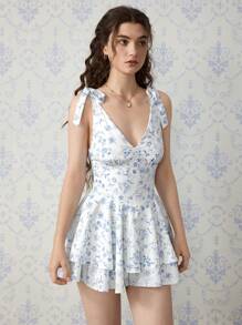 SHEIN MOD Women's Blue & White Floral Print Jumpsuit,Jumpsuits For Woman Elegant,Brunch Outfits For Women,Fairycore,Vacation Outfits Woman,Summer Outfits For Women