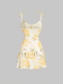 SHEIN PETITE Women's Floral Print Tie Front Bodycon Slip Dress, For Vacation,Sun Dress