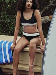 Swim SPRTY Spring Break Women's Beachwear Summer Beach Vacation Outfit, Black & White Patchwork Backless Bikini Set, Beach/Sports Swimwear, Bohemian Festival Style