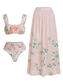 Swim Oasis Women's Premium Romantic Vacation Rose Print Swimwear Set, For Summer Beach
