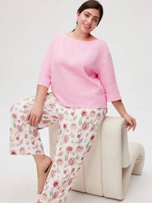 LUVLETTE Conjunto de ropa de dormir para mujer con top de cuello de barco de algodón suave color rosa y pantalones estampados con flores, pantalones con bolsillos. Ropa de salir como ropa interior y conjuntos de salón.