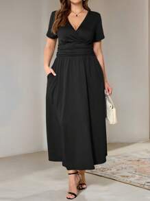 SHEIN Frenchy 大码女式束腰休闲时尚黑色口袋连衣裙 - 黑色 - 查看 1