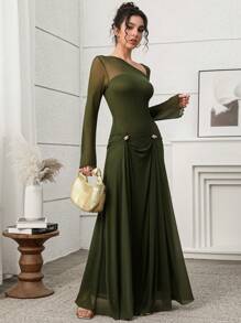 Modelyn V-Neck Ruched Waist Women Extra Long Dress, Urban Elegant Women Extra Long Dress,Summer Outfits For Women,Mesh Dress