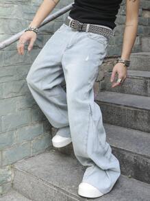 Manfinity EMRG Men's Casual Loose Ripped Pocket Jeans, Minimalist - Light Wash - View 6