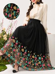 Modelyn Gonna da donna con orlo a balze, in tessuto a rete ricamato - Multicolore - Visualizzare 1