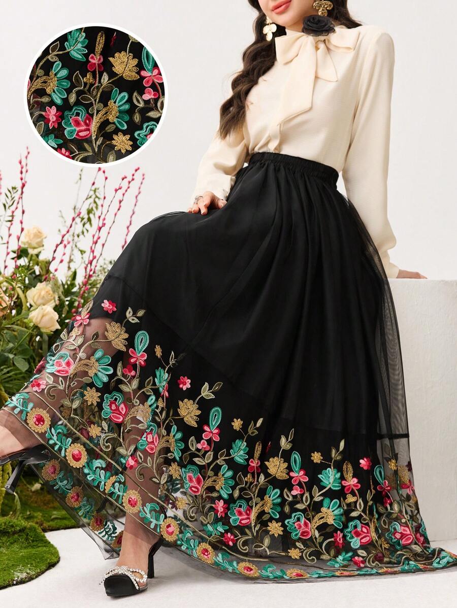 Modelyn Gonna da donna con orlo a balze, in tessuto a rete ricamato - Multicolore - Visualizzare 1
