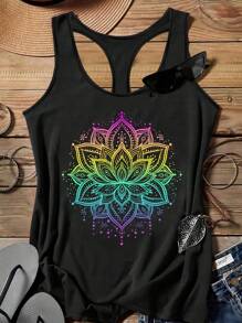 SHEIN LUNE Plus Floral Print Tank Top Back To School - Black - View 1