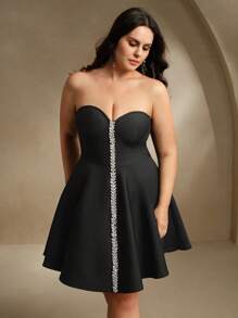 Anewsta Elegant Black And White Summer Curve Plus Size Women Wedding Guest Cocktail Dress,Sparkling Rhinestone Decor,High Waisted A-Line Silhouette,Goddess - Black - View 1